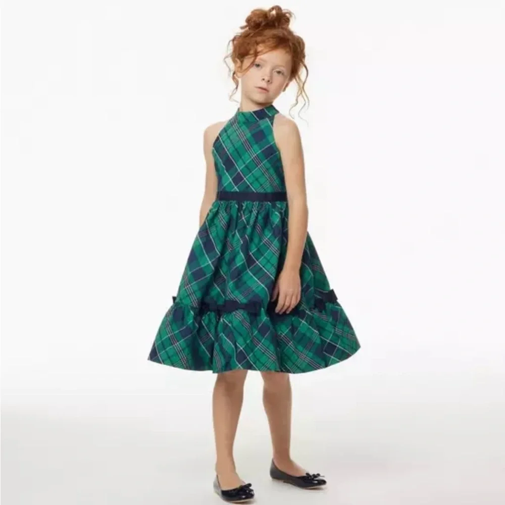 Janie and Jack Girls Ferry Green Plaid Bow Dress- size 7